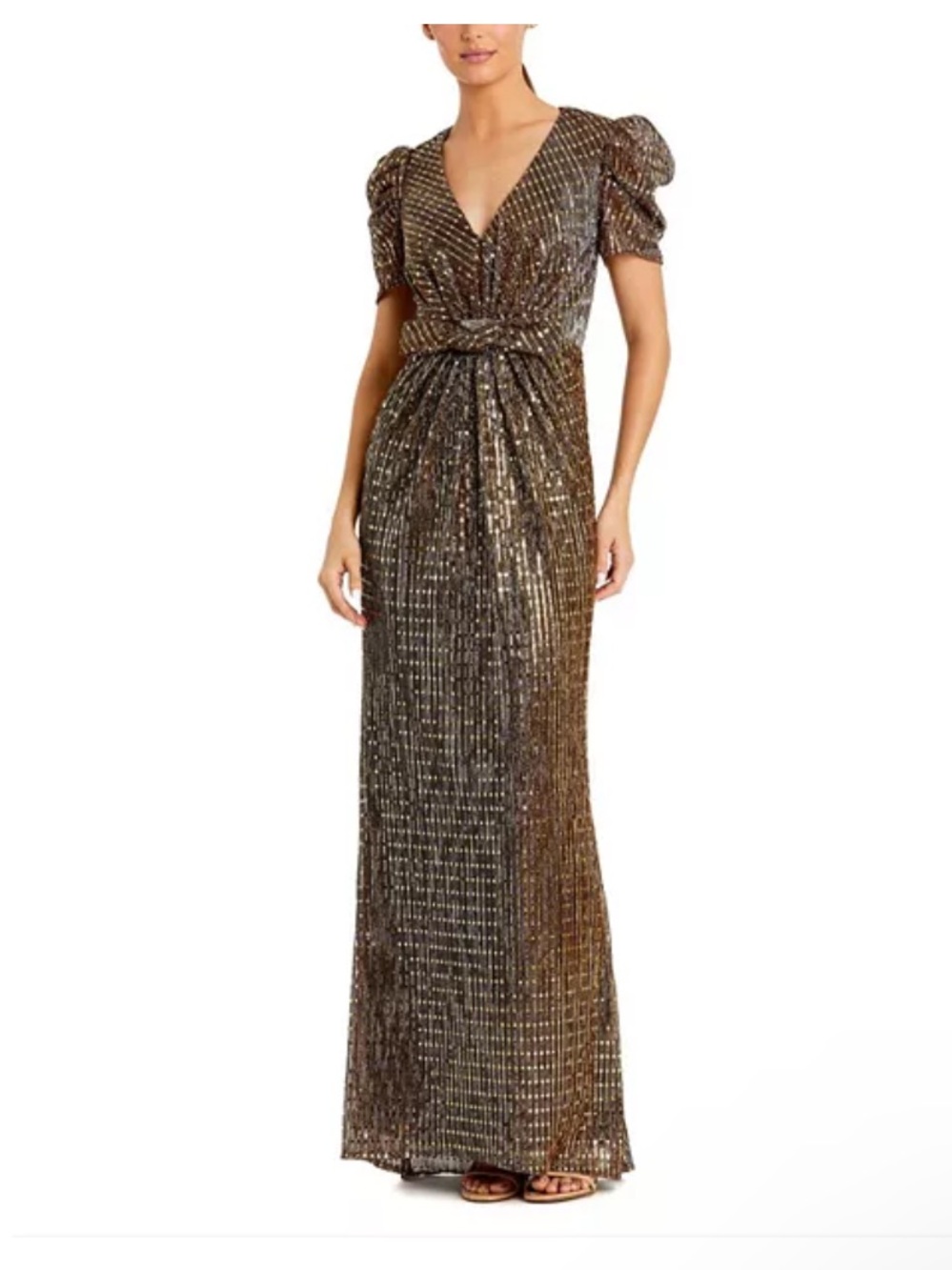 Ieena for Mac Duggal Style 26661 Metallic Bow Waist Evening Gown